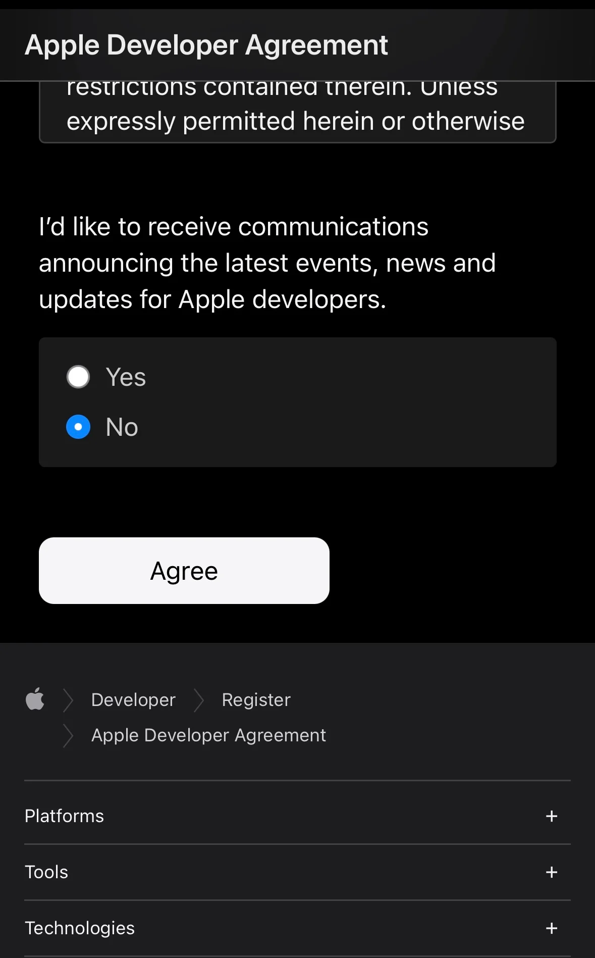 A screen displays “updates for Apple developers.” with “Yes” and “No” options and an “Agree” button.